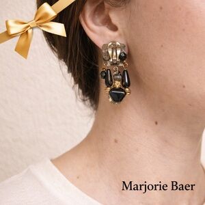 Marjorie Baer Hematite & Gold Dangle Clip Earrings